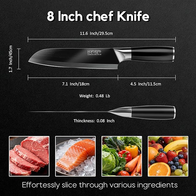 8" Santoku Knife, Japanese Hand Forged Chefs Knife High Carbon Steel Core with Black Wood Ergonomic Handle, Gift Box