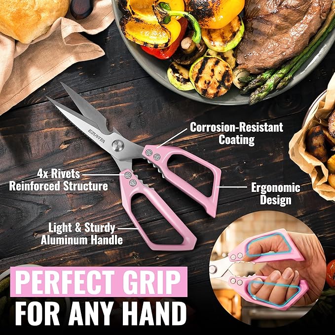 5-in-1 Multifunctional Heavy-Duty Kitchen Scissors with Tweezer, Pink All Purpose Kitchen Shears with Stainless Steel Blades, Dishwasher Safe Poultry Shears for Meat, Turkey, Vegetables