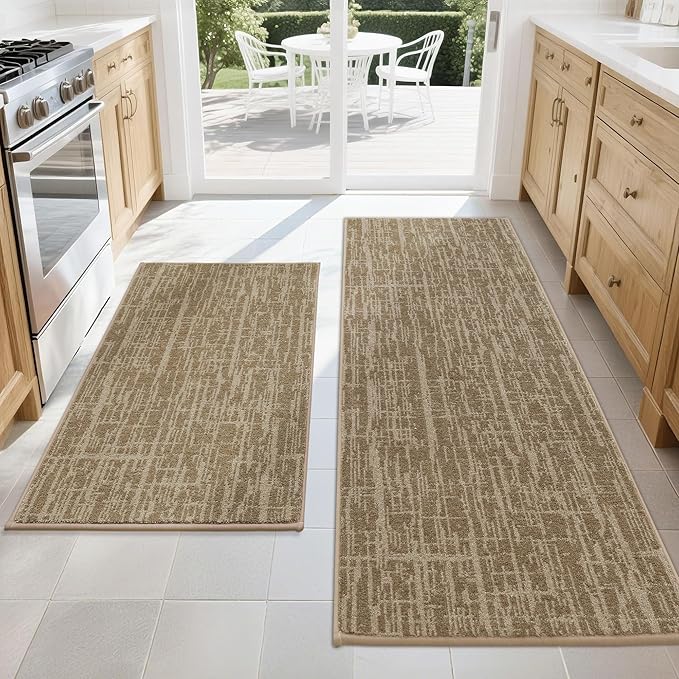 COSY HOMEER Kitchen Rugs Non Slip Washable 24"x36"+24"x60",Absorbent Soft Kitchen Mats for Floor,Polyester Kitchen Runner Rug Sets of 2,Kitchen Floor Mats for Sink Mat,Hallway,Laundry,Taupe