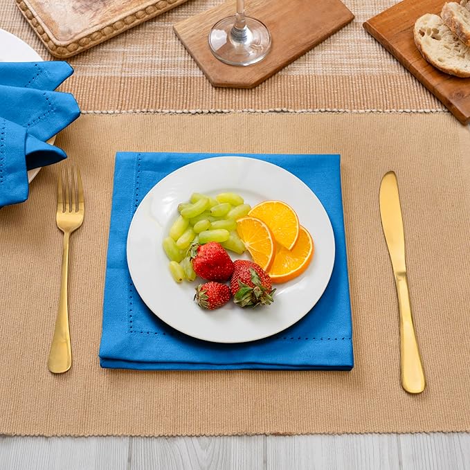 Blue Needles Set of 12 Hemstitch Linen Napkins 100% Cotton Royal Blue Cloth Dinner Napkins 18x18 inches, Soft, Reusable, Absorbent, Washable, Ideal for Wedding Events, Parties & Everyday Use