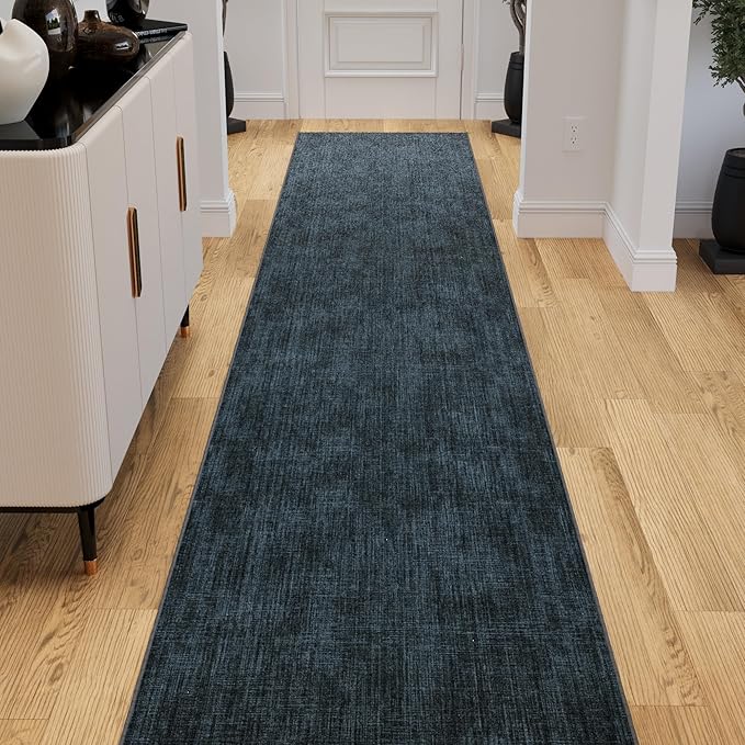 Ottomanson 3-Piece Kitchen Rug Set - Non Slip Runner & Washable Mat - 1'11" x 3' + 1'11" x 4' + 1'11"' x 5' - Durable, Stain Resistant for Entryway, Bedroom and Bathroom, Solid Charcoal Navy