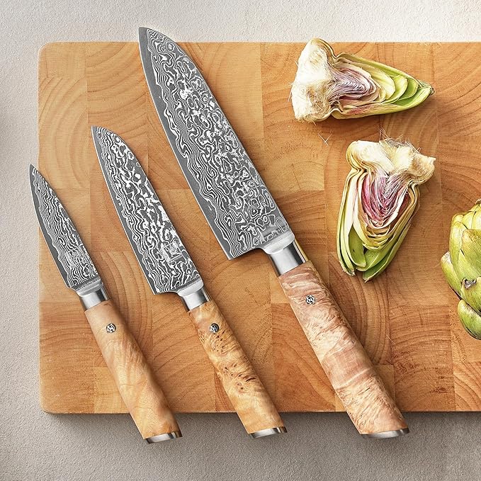 zayiko Kinone Damascus Kitchen Knife Set – 3-Piece Professional Chef Knives | 67 Layers Steel with VG10 Core | Ergonomic Birch Root Wood Handles | Premium Cooking Set in Gift Box
