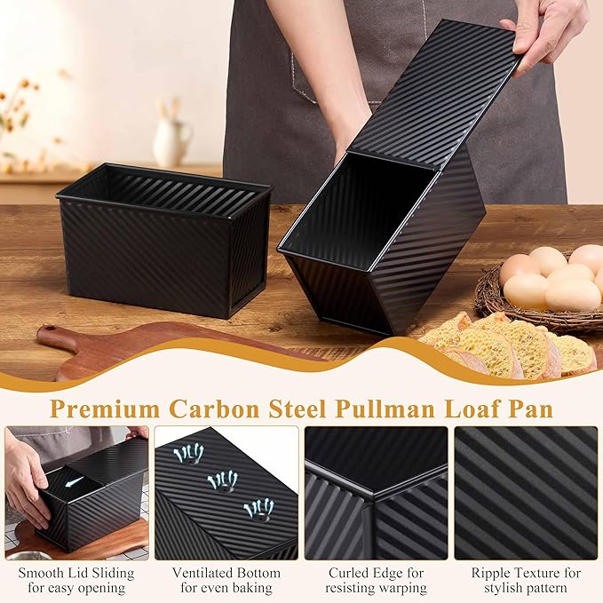 LIANYU Loaf Pan with Lid Set of 4, Pullman Loaf Baking Bread Pans, Nonstick Carbon Steel Homemade Toast Sandwich Box, 1 Pound Dough Small Metal Bakeware, Black