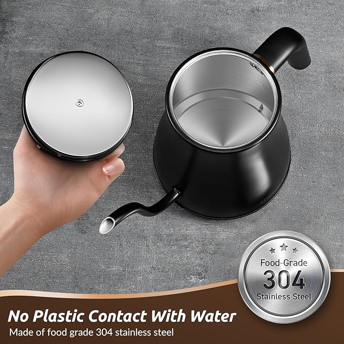 RONGBEST Electric Gooseneck Kettle, 1200W, 6 Temperature Settings, Stainless Steel Inner Lid & Bottom, 1L Quick Heating Pour Over Kettle for Coffee & Tea, Matte Black