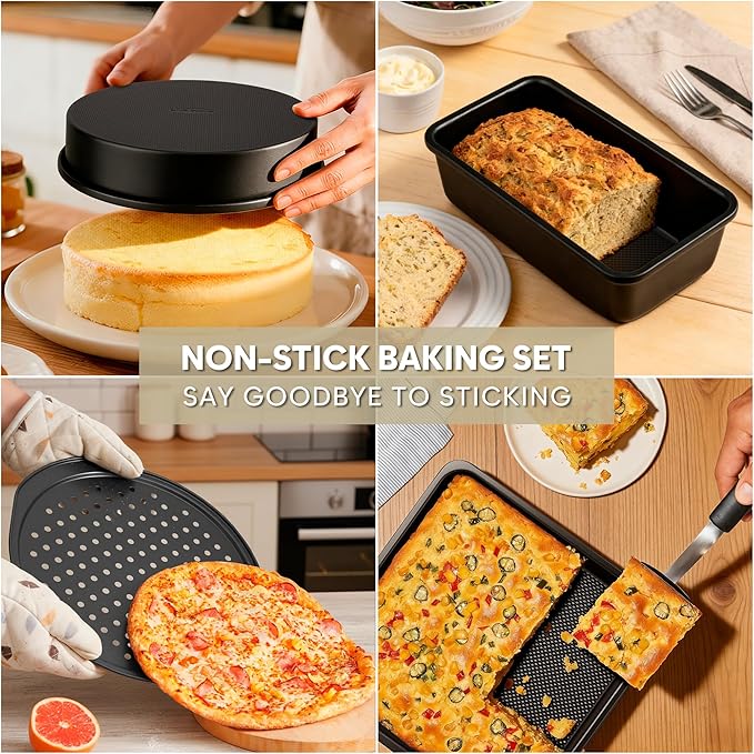 10-Piece Nonstick Baking Pan Set, 0.8MM Thick Stackable Bakeware Sets Including Cookie Sheets for Baking, Cooling Rack, Muffin Pan, Cake Pan, Pizza Pan, Loaf Pan