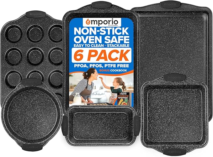 Emporio Kitchen Baking Pan Set - Nonstick Coating, Carbon Steel Bakeware Set with Red Silicone Handles, PFOA, PFOS, PTFE Free, Recipe Booklet Included, Oven Safe Tray (Up To 450° F), Set of 6 - Black