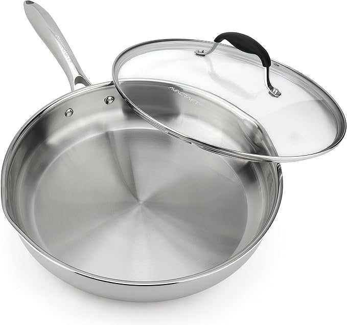 AVACRAFT 18/10 12 Inch Stainless Steel Frying Pan with Lid, Side Spouts, Induction Pan, Versatile Stainless Steel Skillet, Fry Pan in our Pots and Pans (12 inch)