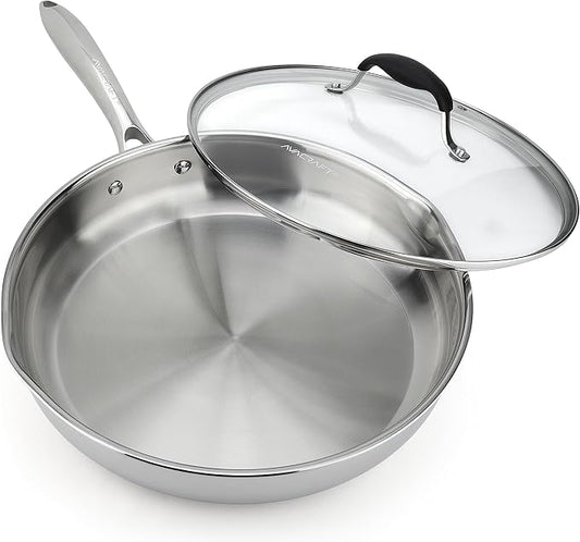 AVACRAFT 18/10 12 Inch Stainless Steel Frying Pan with Lid, Side Spouts, Induction Pan, Versatile Stainless Steel Skillet, Fry Pan in our Pots and Pans (Tri-Ply Stainless Steel, 12 Inch)
