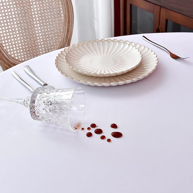 MEANMOY White 210 GSM Water & Stain Resistant Round Tablecloth for Circle Table - Solid 108 Inch Table Cloth Cover in Wrinkle Free Durable Washable Polyester Fabric for Wedding, Party, Banquet