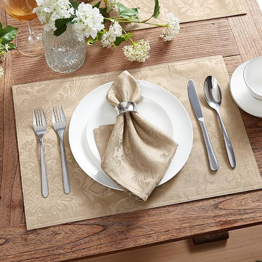Elrene Home Fashions Caiden Elegance Damask Waterproof, Stain & Wrinkle Resistant Fabric Napkins (Set of 4), 17" x 17", Taupe