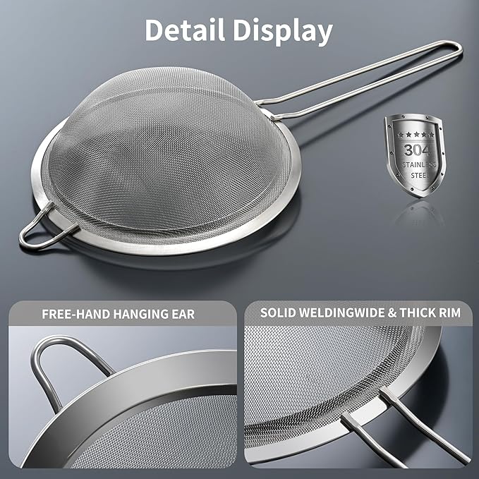 Premium 304 Stainless Steel Fine Mesh Strainer – Multi-Use Colander, Sieve, and Filter for Rice, Juice, Quinoa, Flour, Baking, Cooking, and Meal Prep – Durable, Easy-to-Clean Kitchen Tool