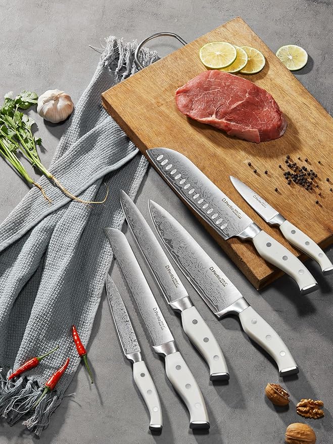 Knife Set, D.Perlla 15 Pieces Kitchen Knife Set with Built-in Sharpener, Stainless Steel kitchen Knives with Unique Waved Pattern, Non-slip Handle, Brown