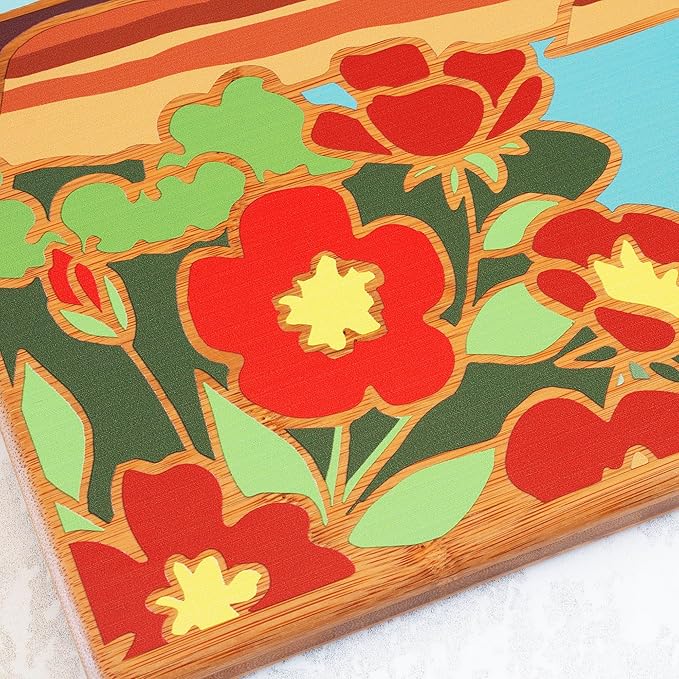 Totally Bamboo North Dakota State Shaped Cutting Board and Charcuterie Serving Platter with Artwork by Summer Stokes, Includes Hang Tie for Wall Display