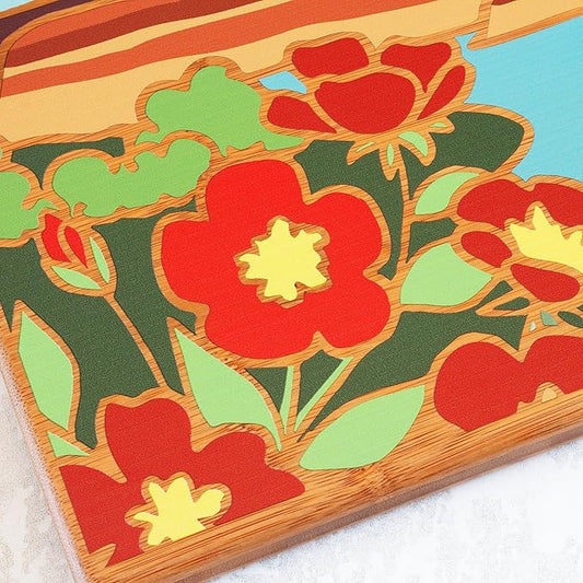 Totally Bamboo North Dakota State Shaped Cutting Board and Charcuterie Serving Platter with Artwork by Summer Stokes, Includes Hang Tie for Wall Display