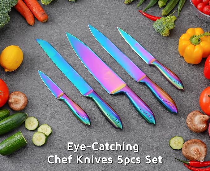 WELLSTAR Kitchen Knife Set 5 Piece, Razor Sharp German High Carbon Stainless Steel Blade, Chef Bread Carving Utility Paring Knives for Culinary Chopping Cutting Slicing and Peeling - Rainbow