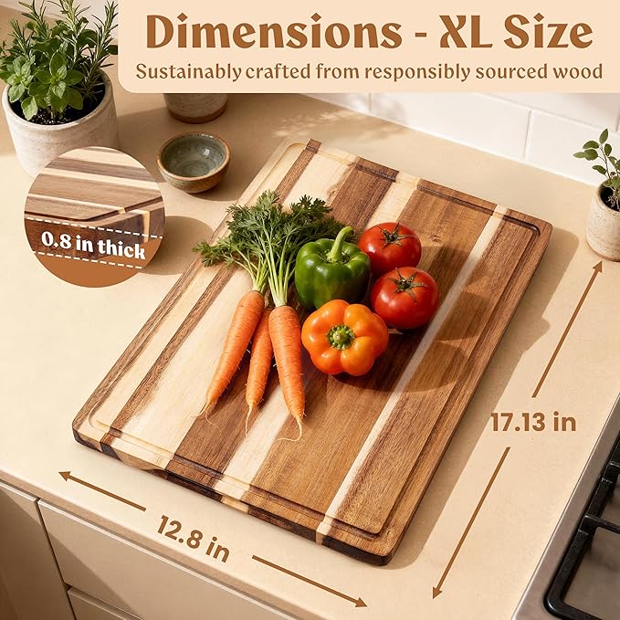 Acacia Wood XL Cutting Board for Kitchen, Large Cutting Board 17.1 × 12.8 - Wooden Chopping Boards with Juice Groove, Non-Toxic, Knife-Friendly & Durable – Housewarming Gift, Charcuterie & Meal Prep