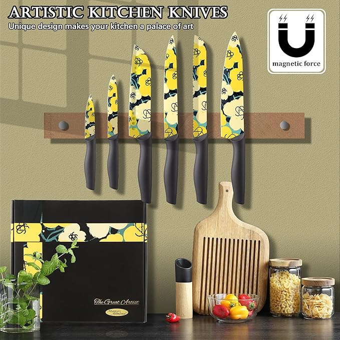 Marco Almond Knife Set Artistic Designed Pattern Kitchen Knife 6 Stainless Steel Kitchen Knives w 6 Blade Guards, Dishwasher Safe Knives for Family Kitchen Knives Set for Chefs