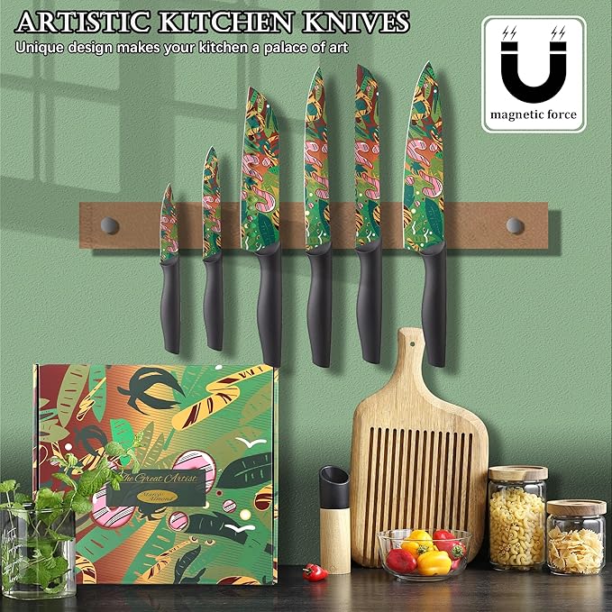Marco Almond Knife Set Artistic Designed Pattern Kitchen Knife 6 Stainless Steel Kitchen Knives w 6 Blade Guards, Dishwasher Safe Knives for Family Kitchen Knives Set for Chefs