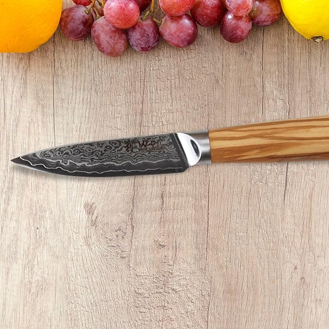 Wakoli Oribu Damascus Paring Knife – Full Tang Kitchen Knife | 3.4-Inch Blade Made of 67-Layer Damascus Steel with AUS-10 Core | Ergonomic Olive Wood Handle | Sharp & Durable
