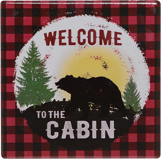 Pine Ridge Black Bear Buffalo Plaid Coasters for Drinks - Welcome to The Cabin and Don't Wake The Bear Design with Cork Pads Coaster Set of 6
