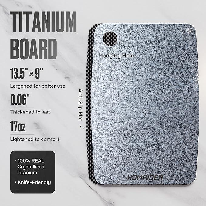 Homaider Titanium Cutting Board – Pure Titanium Chopping Board for Kitchen – Non-Toxic, Microplastic-Free, Double-Sided, Dishwasher Safe, Durable Metal Cutting Board