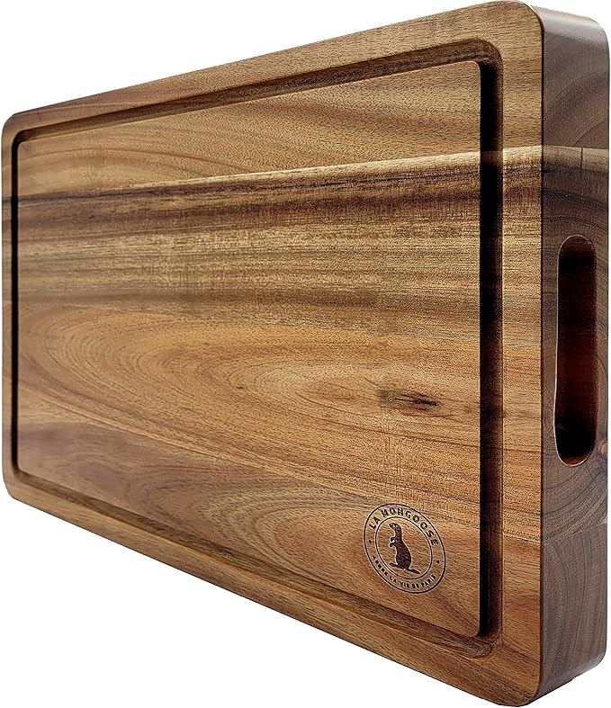 Acacia Wood 16 x 12 x 1.5 inch Thick (40.5 x 30.5 x 4cm) Extra-Large Cutting Board Juice Groove Hand Grips Dark Edge Grain Wooden Butcher Block Chopping Cheese Plate Server Deluxe Birthday Gift