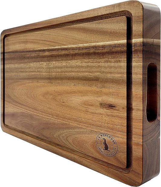 Acacia Wood 16 x 12 x 1.5 inch Thick (40.5 x 30.5 x 4cm) Extra-Large Cutting Board Juice Groove Hand Grips Dark Edge Grain Wooden Butcher Block Chopping Cheese Plate Server Deluxe Birthday Gift