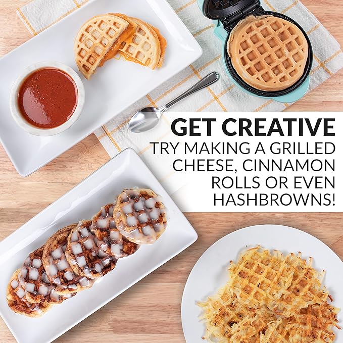 Nostalgia MyMini Personal Electric Waffle Maker, 5-Inch Cooking Surface, Waffle Iron for Hash Browns, French Toast, Grilled Cheese, Quesadilla, Brownies, Cookies, Aqua