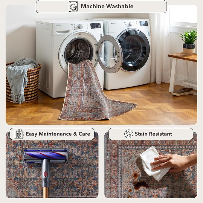 Kuden 3x5 Small Rug, Machine Washable, Non-Slip Backing, Vintage Style, Soft, Low Pile, Area Rugs for Entryway Kitchen Indoor Entrance