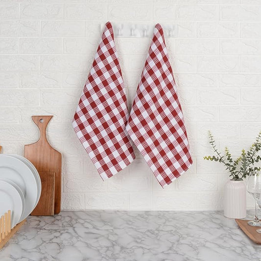 Blue Needles Waffle Weave Check Plaid Kitchen Towels, 15x25 Inches 100% Cotton Set of 4 Dish Towels for Kitchen, Soft & Absorbent for Quick Drying with Hanging Loop Spring Summer - Burgundy & White