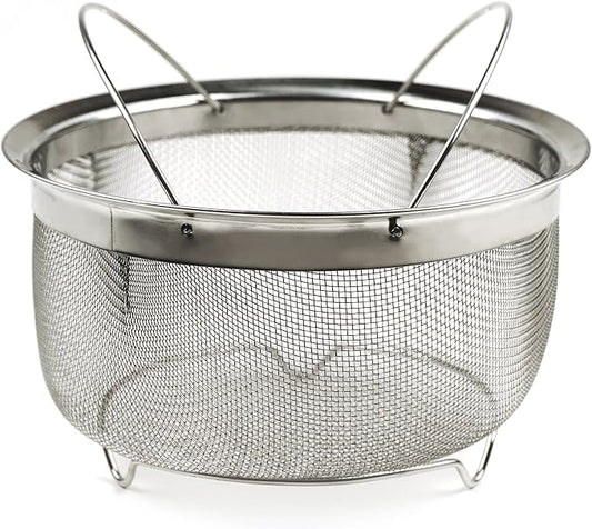 RSVP International Mesh Colander Strainer Basket with Folding Handles, 3 Quarts | For Pasta, Frying, & Salads | Dishwasher Safe | Use in Pressure Cookers | Steaming, Draining & Rinsing