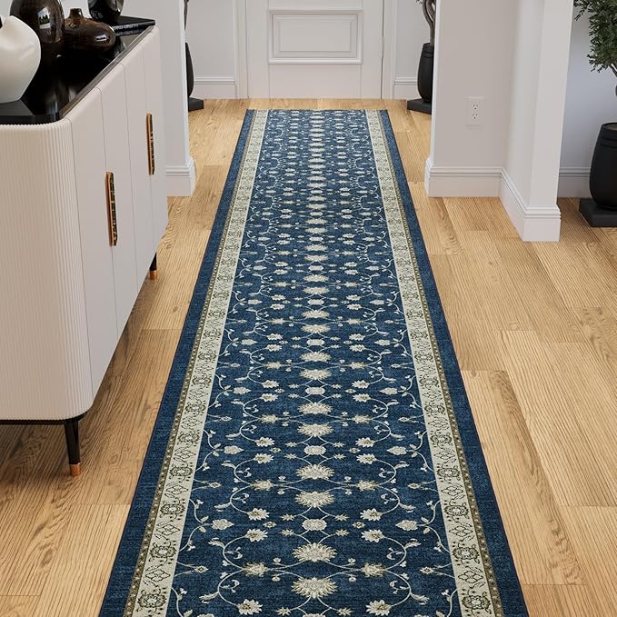 Ottomanson 2-Piece Kitchen Rug Set - Non Slip Runner & Washable Mat - 1'11" x 4' + 1'11"' x 5' - Durable, Stain Resistant for Entryway, Bedroom and Bathroom, Mahal Navy