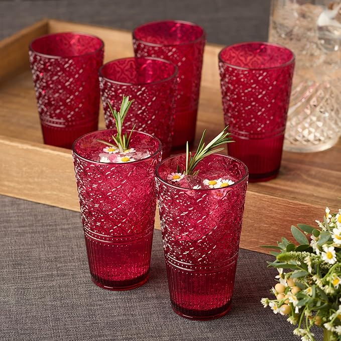 Victoria Ruby Set of 6 Premium Acrylic Ice Tea Glass 22 oz – Unbreakable Glassware with Elegant Embossed Design, Dishwasher Safe for Indoor & Outdoor Use