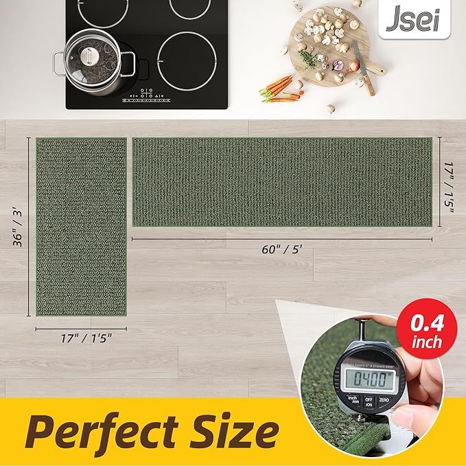 JSEI Kitchen Rugs and Mats, 2PCS Non-Slip Kitchen Mats for Floor, Machine Washable Absorbent and Stain Resistant Kitchen Runner, Carpet Mats with TPR Backing, 17''x30''+17''x60'', Green