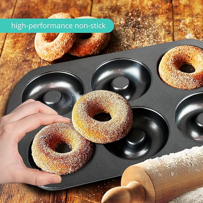 GEEOOLLAH Nonstick Donut Pan Set – 2-Piece Bakeware with 6-Cavity Mini and 12-Cavity Standard Molds, Durable Carbon Steel, Scratch-Resistant, Even Heating