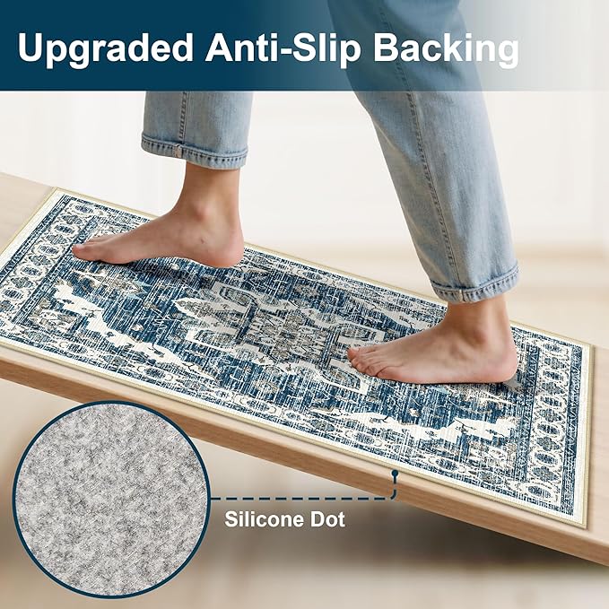 Tritard Non Slip Kitchen Rugs Sets of 3 Washable Kitchen Rug Boho Kitchen Mats for Floor Soft Kitchen Runner Rug Non Skid Kitchen Floor Carpet for Entryway Hallway Laundry Room, Blue