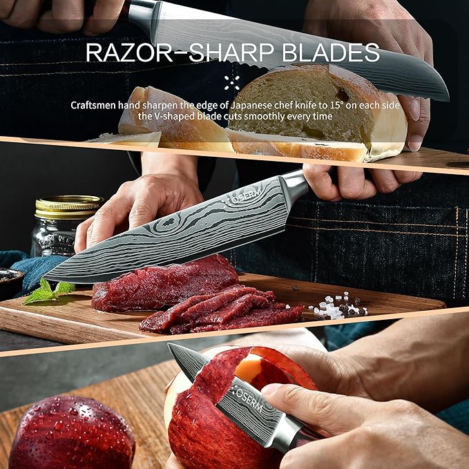 Kitchen Knife Set, 4 PCS (3+1) Chef Knife Set, Razor Sharp High Carbon Steel Knives Set, Gift Ready Knife Set with Orange Gift Box, Includes An Additional 8" Chef Knife (Boxed Separately)