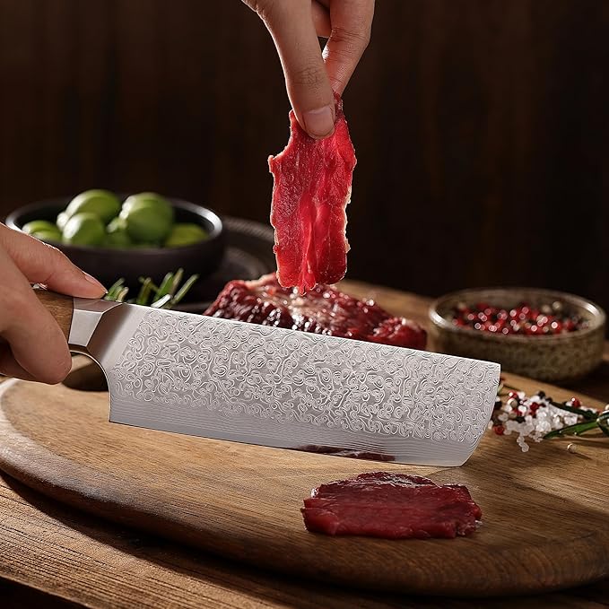 Wakoli Oribu Damascus Nakiri Knife – Full Tang Kitchen Knife | 7-Inch Blade Made of 67-Layer Damascus Steel with AUS-10 Core | Ergonomic Olive Wood Handle | Sharp & Durable