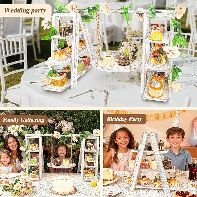 Wooden 3 Tier Cupcake Stand with Swing and Flower Decoration Serving Removable Tray Display Serving Ladder Foldable Stand with Serving Platter Tray Party Food Display Set for Cake Snack Fruit Chips Bread Centerpieces Catering