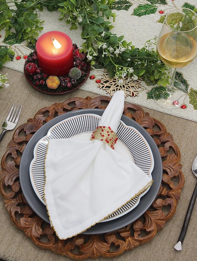 COTTON CRAFT Christmas Napkin Rings - Set of 8 Merry Xmas Fall Thanksgiving Beaded Metal Twine Napkin Ring - Hallelujah Holiday Celebration Party Gift Dining Table Handmade Napkin Holder - Red Gold