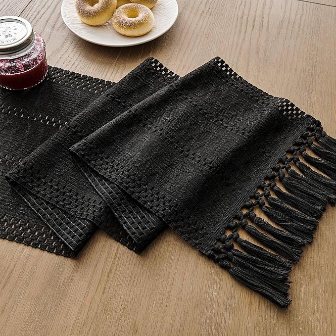 ZeeMart Macrame Style Boho Table Runner, Black Table Runners 48 Inches Long, Farmhouse Woven Home Decor, 12x48 Inch, Black