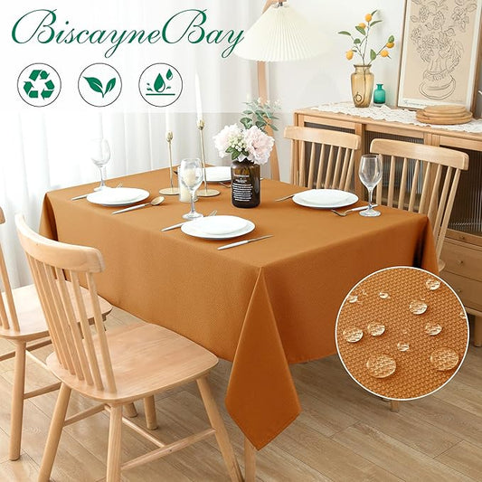 Biscaynebay Fall Tablecloth Textured Fabric 52x70 Inch Rectangular, Bronze Thanksgiving Autumn Harvest Water Resistant Fabric Tablecloths for Kitchen, Dining, Wedding, Parties Machine Washable
