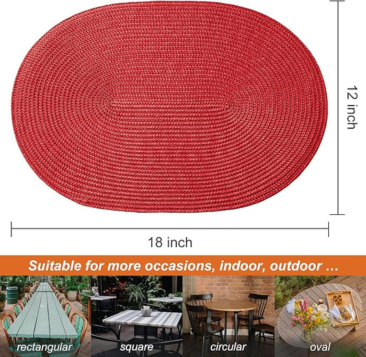 AHHFSMEI Placemats Set of 6 for Dining Table Washable Woven Non-Slip 18x12 inches Placemat Heat-Resistant Durable Table Mats for Dining Table Easy to Clean (Oval red, 6)