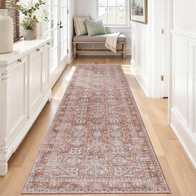 Kuden 2'6"x7' Runner Rug, Machine Washable Area Rug with Non-Slip Backing, Vintage Style, Soft, Easy Clean, Low Pile Rug for Hallway, Entryway, Kitchen, Bedroom