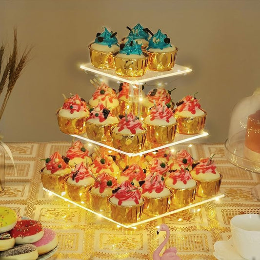 YestBuy 3 Tier Clear Square Cupcake Stand - Premium Cupcake Holder - Acrylic Cupcake Tower Display - Cady Bar Party Décor + LED Light String - Ideal for Weddings, Birthday Parties (Yellow Light)