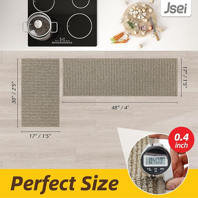 JSEI Kitchen Rugs and Mats, 2PCS Non-Slip Kitchen Mats for Floor, Machine Washable Absorbent and Stain Resistant Kitchen Runner, Carpet Mats with TPR Backing, 17''x30''+17''x48'', Beige