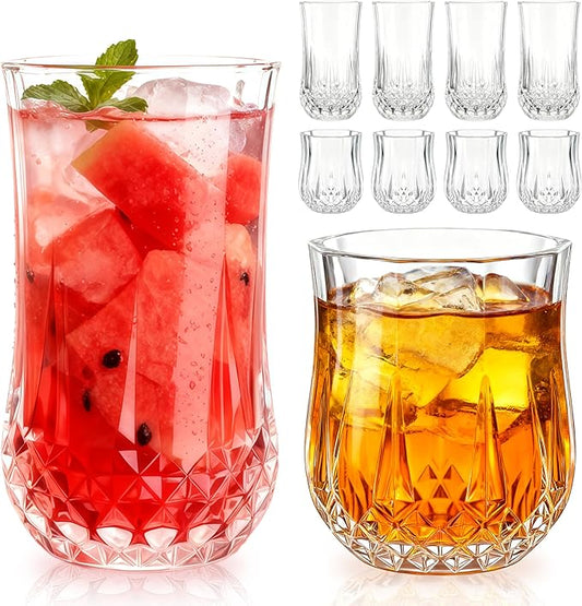 Ruckae Drinking Glasses Set of 8,11 oz and 7 oz Kitchen Water Glass Cups Set,Clear Curvature Glassware Dishwasher Safe,Mixed Drinkware for Beer,Juice,Cocktail,Whiskey,Milk and Various Mixed Drinks