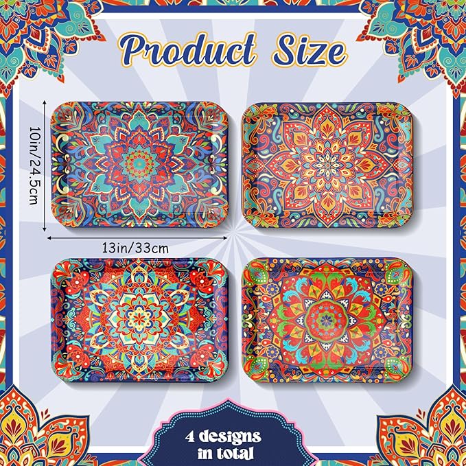 Vesici 4 Pack Mandala Melamine Serving Trays, 13 x 10 Inch Rectangular Decorative Platters with Colorful Bohemian Patterns, Durable Serving Plates for Snacks, Appetizers, Parties & Home Decoration