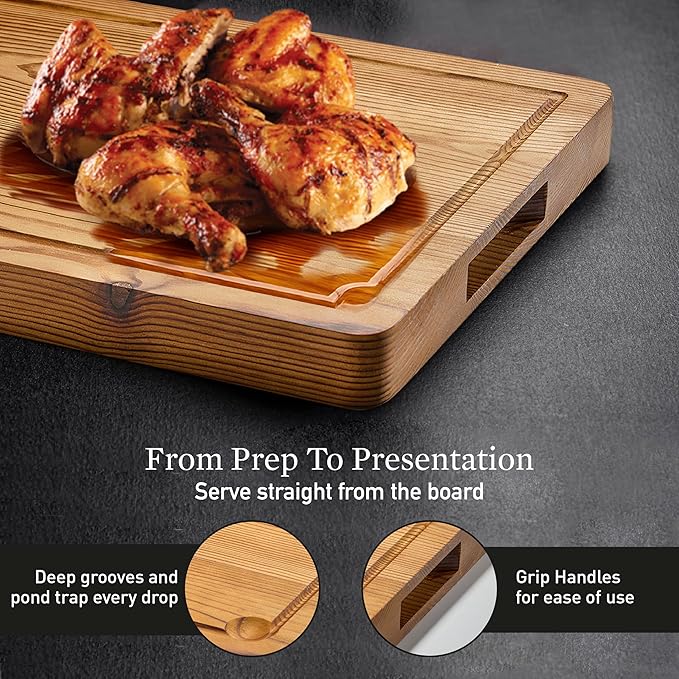 Cutting Board for Kitchen – Wood Cutting Board, Non-Toxic Butcher Block, Cutting Boards with Juice Groove & Handles, Charcuterie Board – 11" x 17" x 1.75" (Pyrowood)