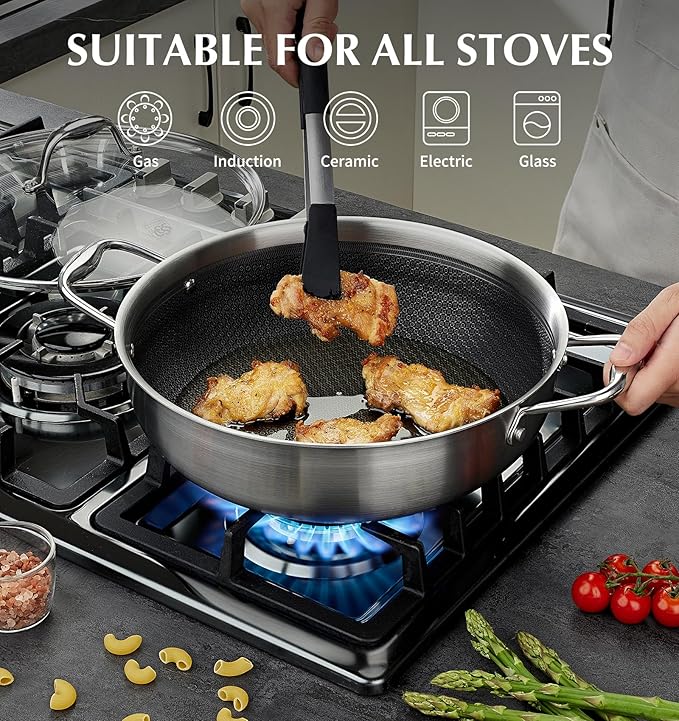 KOCH SYSTEME CS Triply Stainless Steel Saute Pan 12 Inch, Nonstick Hybird Stainless Steel Saute Pan with Lid, 6 Quart Deep Frying Pan with Honeycomb Interior, 18/10 Steel Pans, Induction Compatible